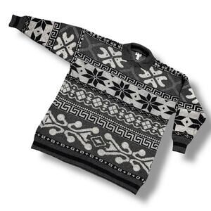 Vintage 90s Esprit Sport Nordic Geometric Collared Boxy Wool Sweater Gray Sz M